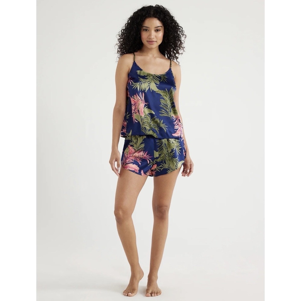 Joyspun Satin Scoopneck Palm Navy Green Pink Cami & Shorts Pajama Set Large